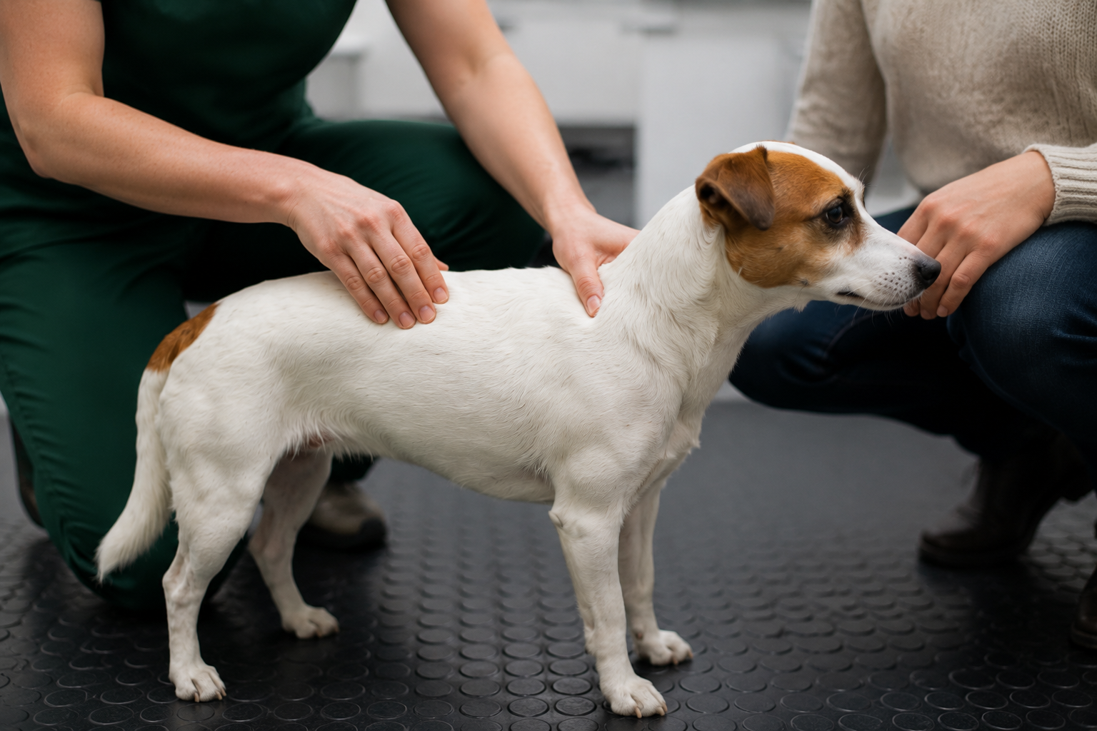 Veterinář šetrně vyšetřuje záda psa v ordinaci